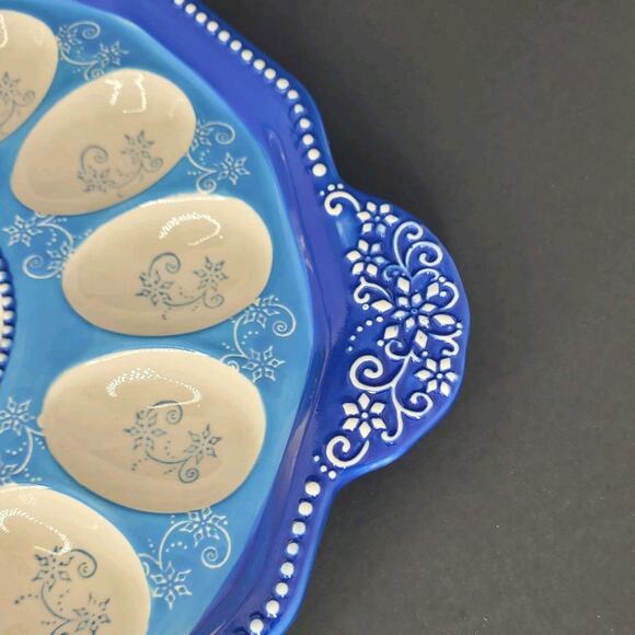 Deviled Egg Plate Tray Temptations by Tara Floral 11.5” Light and Dark Blue EUC - Picture 2 of 7